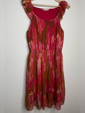 Old Navy Ikat Print Smocked Sundress Ruffle Strap Size XL Pink Brown Cottagecore